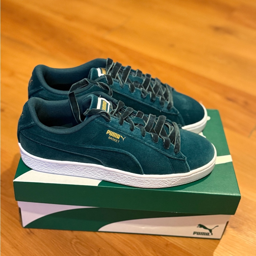 Puma Basket Suede Sneakers in Dark Green with White Sole